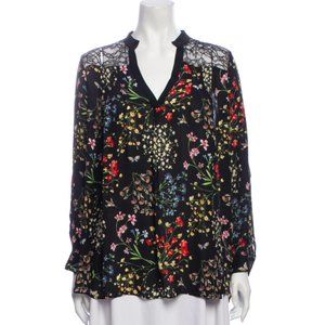 Alice + Olivia Floral Silk Blouse w/ Lace Details